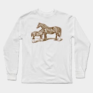 Mare and Foal. Brown Horse Illustration Long Sleeve T-Shirt